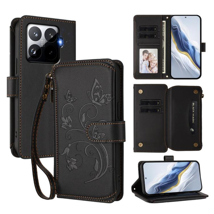 Funda de cuero para teléfono con cartera multitarjeta con cremallera y diseño de mariposa y flor de amor, For Xiaomi 17 Max 5G, For Xiaomi 17T Pro 5G, For Xiaomi Poco M7 4G 169mm, For Xiaomi 15T Pro 5G, For Xiaomi 15T 5G                                ...