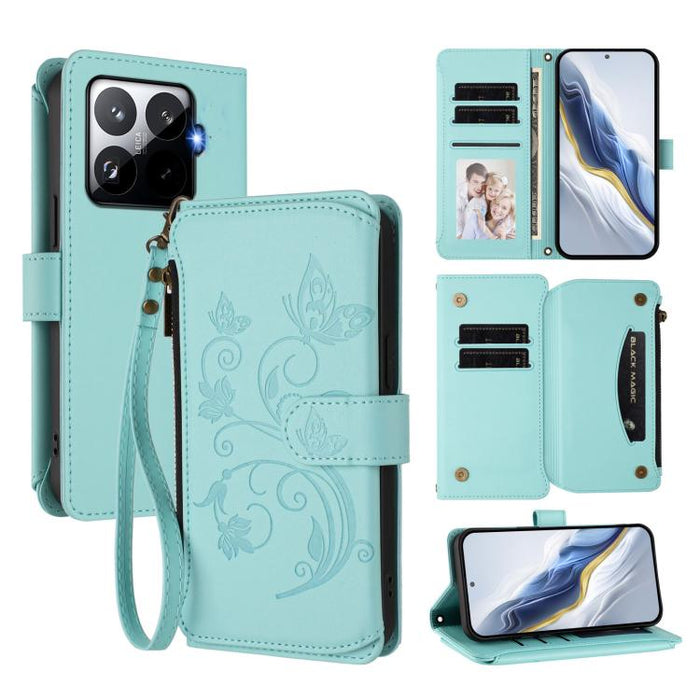 Funda de cuero para teléfono con cartera multitarjeta con cremallera y diseño de mariposa y flor de amor, For Xiaomi 17 Max 5G, For Xiaomi 17T Pro 5G, For Xiaomi Poco M7 4G 169mm, For Xiaomi 15T Pro 5G, For Xiaomi 15T 5G                                ...