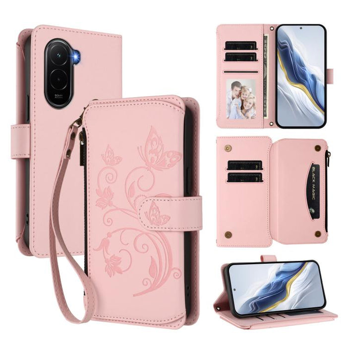 Funda de cuero para teléfono con cartera multitarjeta con cremallera y diseño de mariposa y flor de amor, For Xiaomi 17 Max 5G, For Xiaomi 17T Pro 5G, For Xiaomi Poco M7 4G 169mm, For Xiaomi 15T Pro 5G, For Xiaomi 15T 5G                                ...