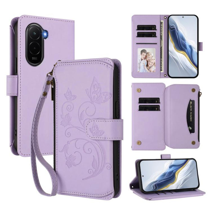 Funda de cuero para teléfono con cartera multitarjeta con cremallera y diseño de mariposa y flor de amor, For Xiaomi 17 Max 5G, For Xiaomi 17T Pro 5G, For Xiaomi Poco M7 4G 169mm, For Xiaomi 15T Pro 5G, For Xiaomi 15T 5G                                ...