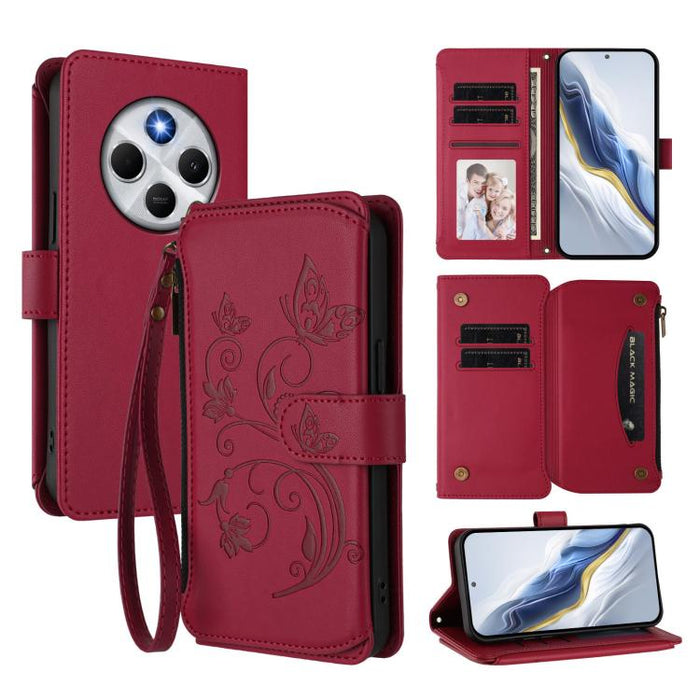 Funda de cuero para teléfono con cartera multitarjeta con cremallera y diseño de mariposa y flor de amor, For Xiaomi 17 Max 5G, For Xiaomi 17T Pro 5G, For Xiaomi Poco M7 4G 169mm, For Xiaomi 15T Pro 5G, For Xiaomi 15T 5G                                ...