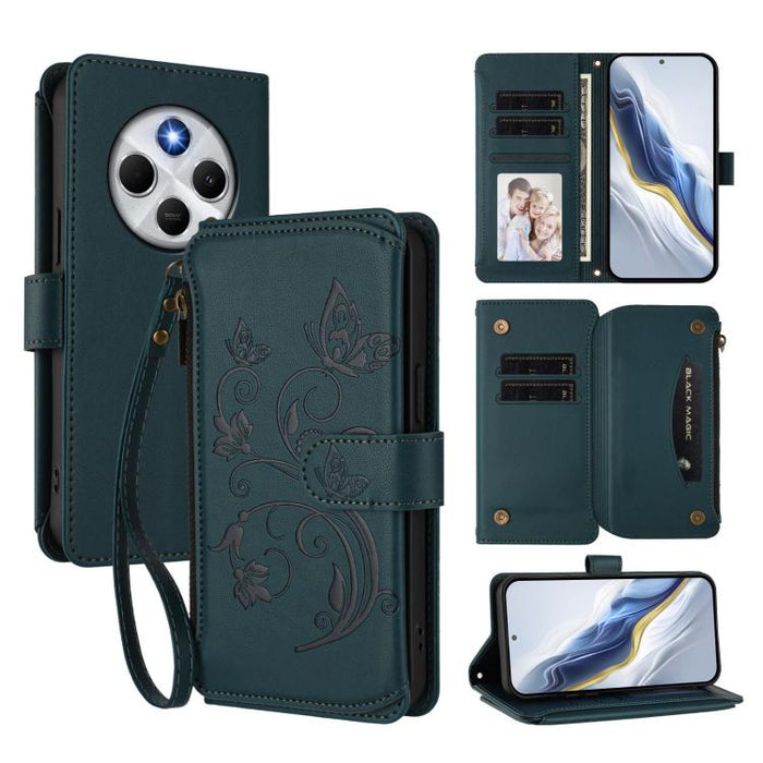 Funda de cuero para teléfono con cartera multitarjeta con cremallera y diseño de mariposa y flor de amor, For Xiaomi 17 Max 5G, For Xiaomi 17T Pro 5G, For Xiaomi Poco M7 4G 169mm, For Xiaomi 15T Pro 5G, For Xiaomi 15T 5G                                ...