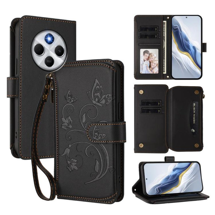 Funda de cuero para teléfono con cartera multitarjeta con cremallera y diseño de mariposa y flor de amor, For Xiaomi 17 Max 5G, For Xiaomi 17T Pro 5G, For Xiaomi Poco M7 4G 169mm, For Xiaomi 15T Pro 5G, For Xiaomi 15T 5G                                ...