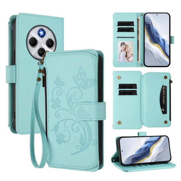 Funda de cuero para teléfono con cartera multitarjeta con cremallera y diseño de mariposa y flor de amor, For Xiaomi 17 Max 5G, For Xiaomi 17T Pro 5G, For Xiaomi Poco M7 4G 169mm, For Xiaomi 15T Pro 5G, For Xiaomi 15T 5G                                ...