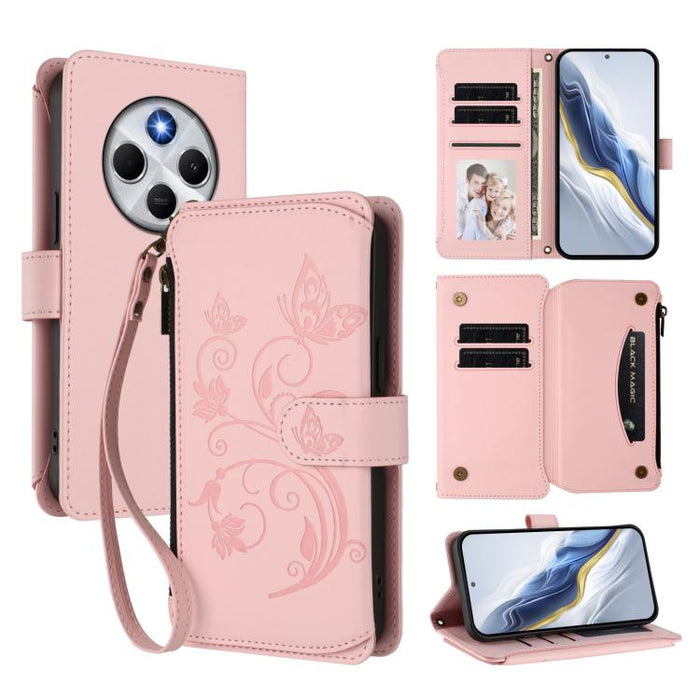 Funda de cuero para teléfono con cartera multitarjeta con cremallera y diseño de mariposa y flor de amor, For Xiaomi 17 Max 5G, For Xiaomi 17T Pro 5G, For Xiaomi Poco M7 4G 169mm, For Xiaomi 15T Pro 5G, For Xiaomi 15T 5G                                ...