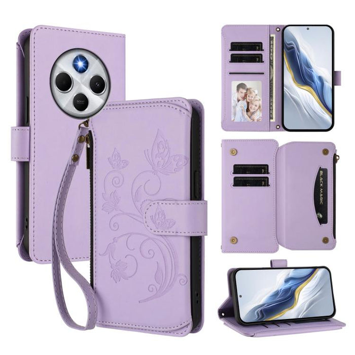 Funda de cuero para teléfono con cartera multitarjeta con cremallera y diseño de mariposa y flor de amor, For Xiaomi 17 Max 5G, For Xiaomi 17T Pro 5G, For Xiaomi Poco M7 4G 169mm, For Xiaomi 15T Pro 5G, For Xiaomi 15T 5G                                ...