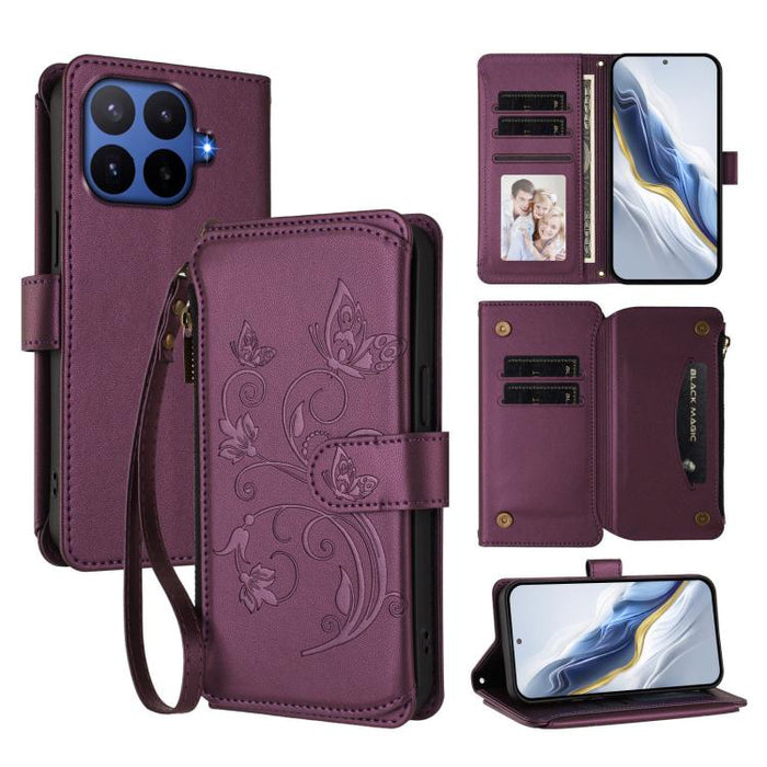 Funda de cuero para teléfono con cartera multitarjeta con cremallera y diseño de mariposa y flor de amor, For Xiaomi 17 Max 5G, For Xiaomi 17T Pro 5G, For Xiaomi Poco M7 4G 169mm, For Xiaomi 15T Pro 5G, For Xiaomi 15T 5G                                ...