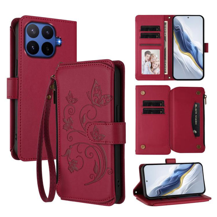Funda de cuero para teléfono con cartera multitarjeta con cremallera y diseño de mariposa y flor de amor, For Xiaomi 17 Max 5G, For Xiaomi 17T Pro 5G, For Xiaomi Poco M7 4G 169mm, For Xiaomi 15T Pro 5G, For Xiaomi 15T 5G                                ...