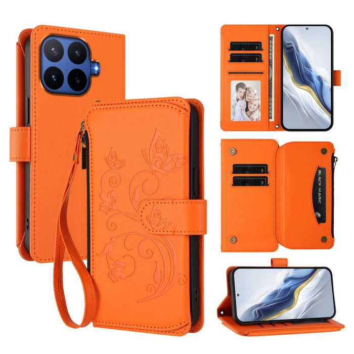 Funda de cuero para teléfono con cartera multitarjeta con cremallera y diseño de mariposa y flor de amor, For Xiaomi 17 Max 5G, For Xiaomi 17T Pro 5G, For Xiaomi Poco M7 4G 169mm, For Xiaomi 15T Pro 5G, For Xiaomi 15T 5G                                ...