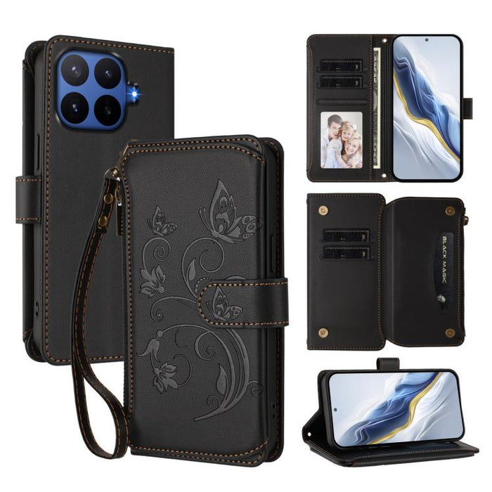 Funda de cuero para teléfono con cartera multitarjeta con cremallera y diseño de mariposa y flor de amor, For Xiaomi 17 Max 5G, For Xiaomi 17T Pro 5G, For Xiaomi Poco M7 4G 169mm, For Xiaomi 15T Pro 5G, For Xiaomi 15T 5G                                ...