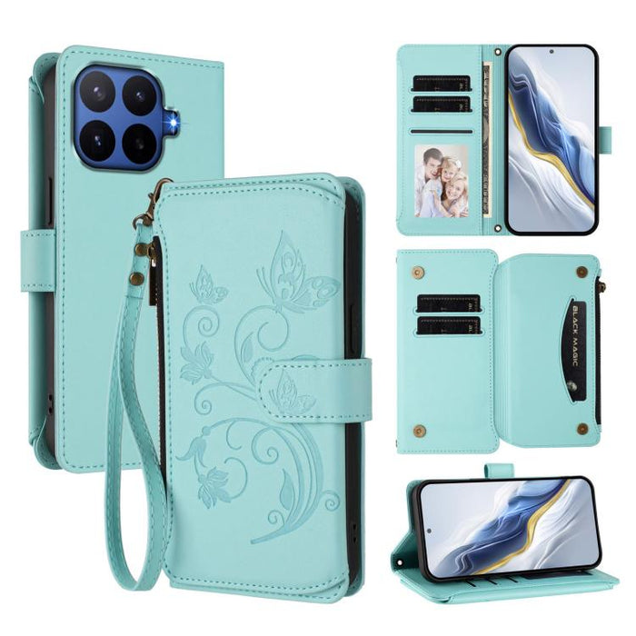Funda de cuero para teléfono con cartera multitarjeta con cremallera y diseño de mariposa y flor de amor, For Xiaomi 17 Max 5G, For Xiaomi 17T Pro 5G, For Xiaomi Poco M7 4G 169mm, For Xiaomi 15T Pro 5G, For Xiaomi 15T 5G                                ...
