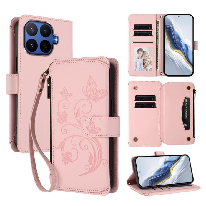 Funda de cuero para teléfono con cartera multitarjeta con cremallera y diseño de mariposa y flor de amor, For Xiaomi 17 Max 5G, For Xiaomi 17T Pro 5G, For Xiaomi Poco M7 4G 169mm, For Xiaomi 15T Pro 5G, For Xiaomi 15T 5G                                ...