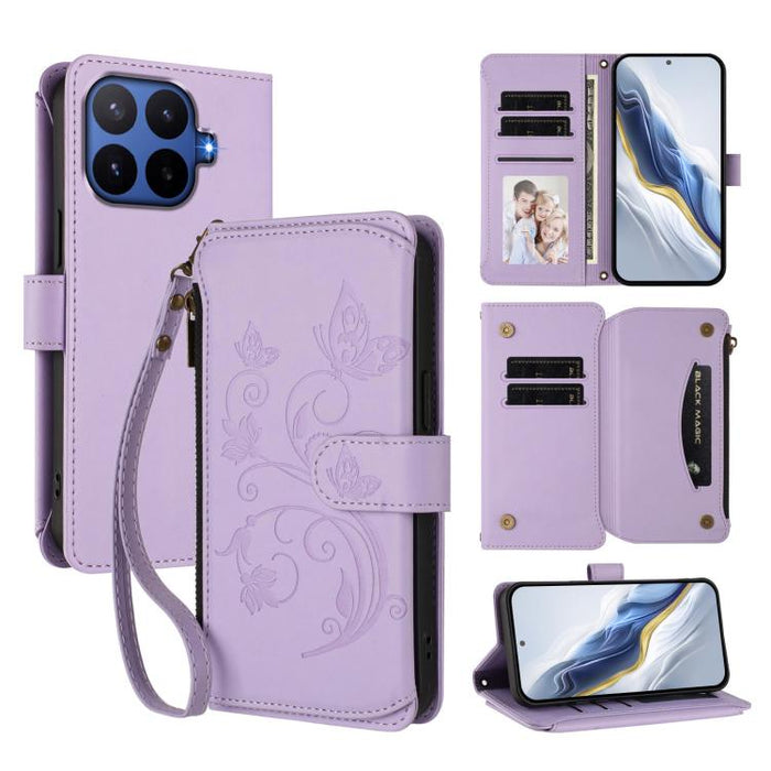 Funda de cuero para teléfono con cartera multitarjeta con cremallera y diseño de mariposa y flor de amor, For Xiaomi 17 Max 5G, For Xiaomi 17T Pro 5G, For Xiaomi Poco M7 4G 169mm, For Xiaomi 15T Pro 5G, For Xiaomi 15T 5G                                ...