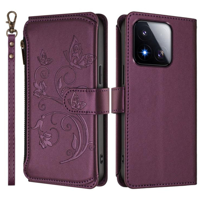 Funda de cuero para teléfono con cartera multitarjeta con cremallera y diseño de mariposa y flor de amor, For Xiaomi 17 Max 5G, For Xiaomi 17T Pro 5G, For Xiaomi Poco M7 4G 169mm, For Xiaomi 15T Pro 5G, For Xiaomi 15T 5G                                ...