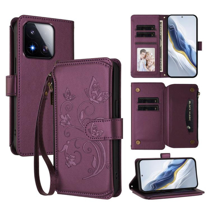 Funda de cuero para teléfono con cartera multitarjeta con cremallera y diseño de mariposa y flor de amor, For Xiaomi 17 Max 5G, For Xiaomi 17T Pro 5G, For Xiaomi Poco M7 4G 169mm, For Xiaomi 15T Pro 5G, For Xiaomi 15T 5G                                ...