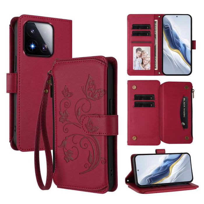 Funda de cuero para teléfono con cartera multitarjeta con cremallera y diseño de mariposa y flor de amor, For Xiaomi 17 Max 5G, For Xiaomi 17T Pro 5G, For Xiaomi Poco M7 4G 169mm, For Xiaomi 15T Pro 5G, For Xiaomi 15T 5G                                ...