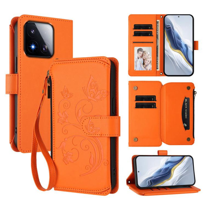 Funda de cuero para teléfono con cartera multitarjeta con cremallera y diseño de mariposa y flor de amor, For Xiaomi 17 Max 5G, For Xiaomi 17T Pro 5G, For Xiaomi Poco M7 4G 169mm, For Xiaomi 15T Pro 5G, For Xiaomi 15T 5G                                ...