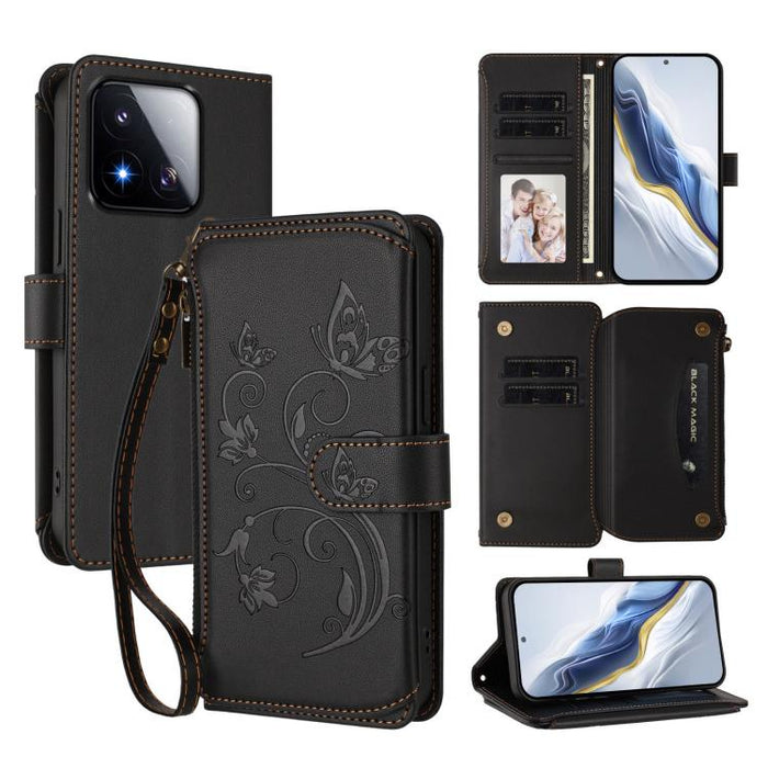 Funda de cuero para teléfono con cartera multitarjeta con cremallera y diseño de mariposa y flor de amor, For Xiaomi 17 Max 5G, For Xiaomi 17T Pro 5G, For Xiaomi Poco M7 4G 169mm, For Xiaomi 15T Pro 5G, For Xiaomi 15T 5G                                ...