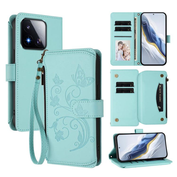 Funda de cuero para teléfono con cartera multitarjeta con cremallera y diseño de mariposa y flor de amor, For Xiaomi 17 Max 5G, For Xiaomi 17T Pro 5G, For Xiaomi Poco M7 4G 169mm, For Xiaomi 15T Pro 5G, For Xiaomi 15T 5G                                ...