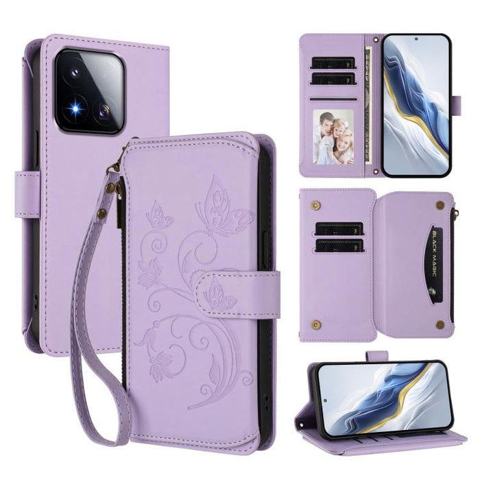 Funda de cuero para teléfono con cartera multitarjeta con cremallera y diseño de mariposa y flor de amor, For Xiaomi 17 Max 5G, For Xiaomi 17T Pro 5G, For Xiaomi Poco M7 4G 169mm, For Xiaomi 15T Pro 5G, For Xiaomi 15T 5G                                ...