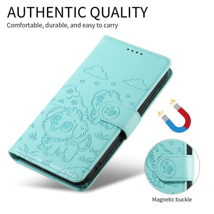 Funda de cuero para teléfono con bloqueo RFID y diseño de perro y corazón en relieve, For Redmi Note 12 Turbo / Poco F5, For Redmi 11A 4G / Poco C55, For Redmi 10C / 10 Power
