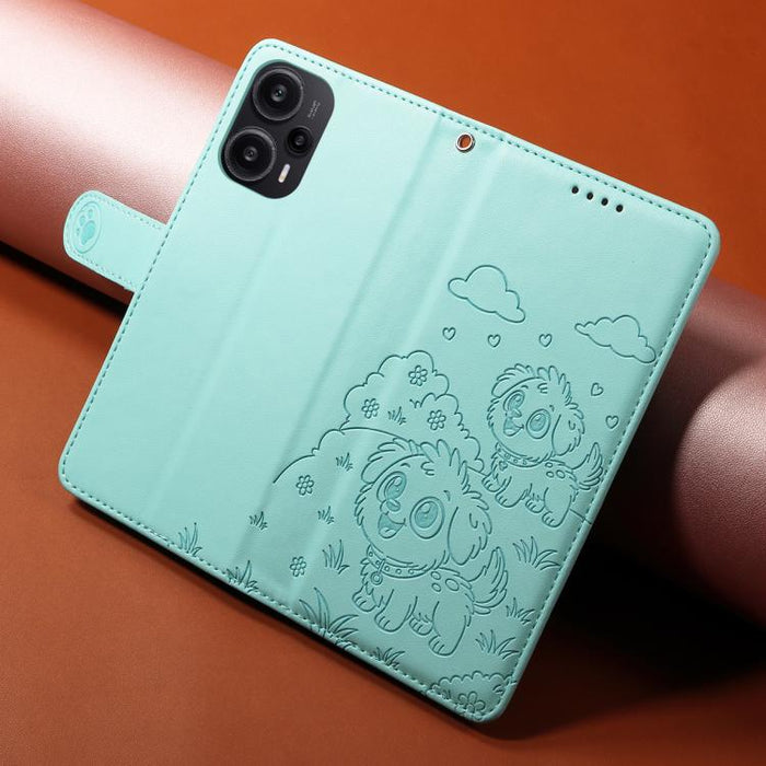 Funda de cuero para teléfono con bloqueo RFID y diseño de perro y corazón en relieve, For Redmi Note 12 Turbo / Poco F5, For Redmi 11A 4G / Poco C55, For Redmi 10C / 10 Power
