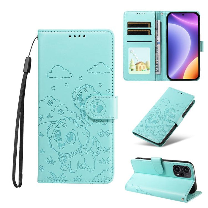Funda de cuero para teléfono con bloqueo RFID y diseño de perro y corazón en relieve, For Redmi Note 12 Turbo / Poco F5, For Redmi 11A 4G / Poco C55, For Redmi 10C / 10 Power