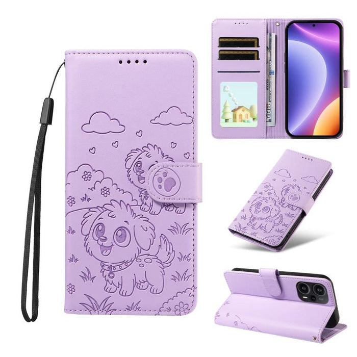 Funda de cuero para teléfono con bloqueo RFID y diseño de perro y corazón en relieve, For Redmi Note 12 Turbo / Poco F5, For Redmi 11A 4G / Poco C55, For Redmi 10C / 10 Power