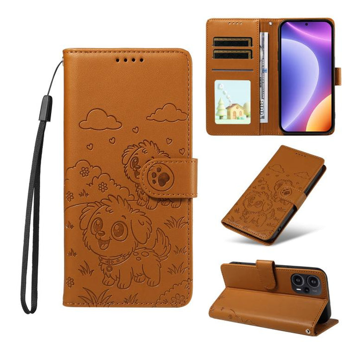 Funda de cuero para teléfono con bloqueo RFID y diseño de perro y corazón en relieve, For Redmi Note 12 Turbo / Poco F5, For Redmi 11A 4G / Poco C55, For Redmi 10C / 10 Power