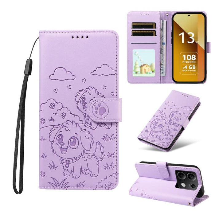 Funda de cuero para teléfono con bloqueo RFID y diseño de perro y corazón en relieve, For Redmi Note 14 4G 164.84mm, For Redmi Note 14 Pro+ 5G / 14 Pro 4G, For Redmi Turbo 4 5G / Poco X7 Pro 5G, For Redmi Note 14 5G / Poco M7 Pro 5G                    ...