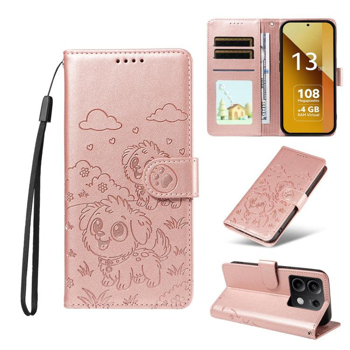 Funda de cuero para teléfono con bloqueo RFID y diseño de perro y corazón en relieve, For Redmi Note 14 4G 164.84mm, For Redmi Note 14 Pro+ 5G / 14 Pro 4G, For Redmi Turbo 4 5G / Poco X7 Pro 5G, For Redmi Note 14 5G / Poco M7 Pro 5G                    ...