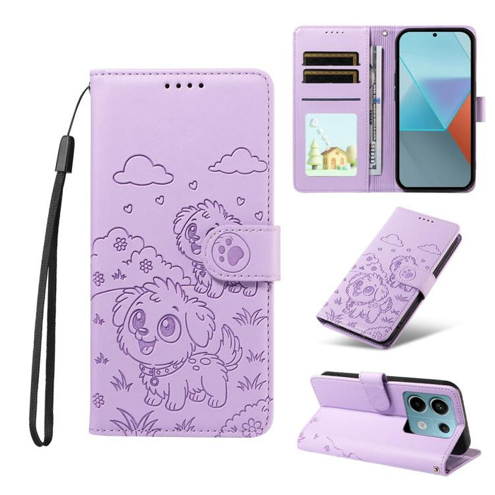 Funda de cuero para teléfono con bloqueo RFID y diseño de perro y corazón en relieve, For Redmi Note 14 4G 164.84mm, For Redmi Note 14 Pro+ 5G / 14 Pro 4G, For Redmi Turbo 4 5G / Poco X7 Pro 5G, For Redmi Note 14 5G / Poco M7 Pro 5G                    ...