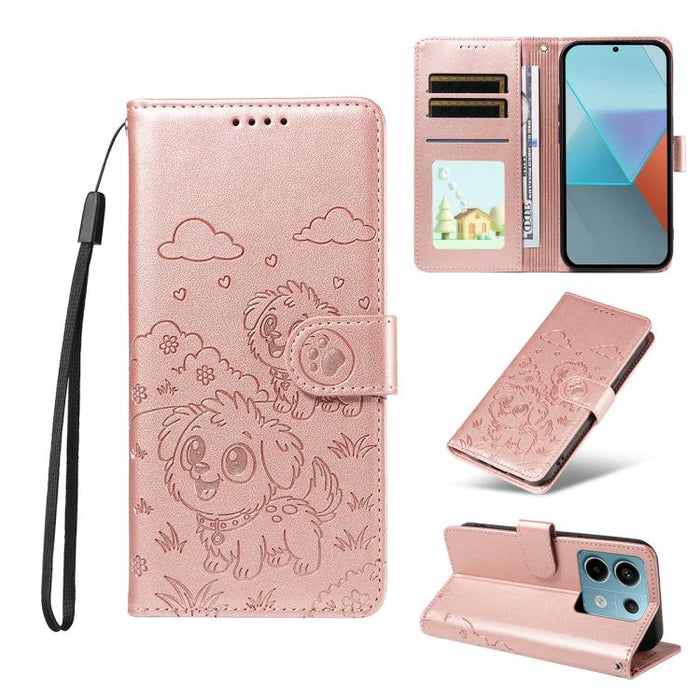 Funda de cuero para teléfono con bloqueo RFID y diseño de perro y corazón en relieve, For Redmi Note 14 4G 164.84mm, For Redmi Note 14 Pro+ 5G / 14 Pro 4G, For Redmi Turbo 4 5G / Poco X7 Pro 5G, For Redmi Note 14 5G / Poco M7 Pro 5G                    ...