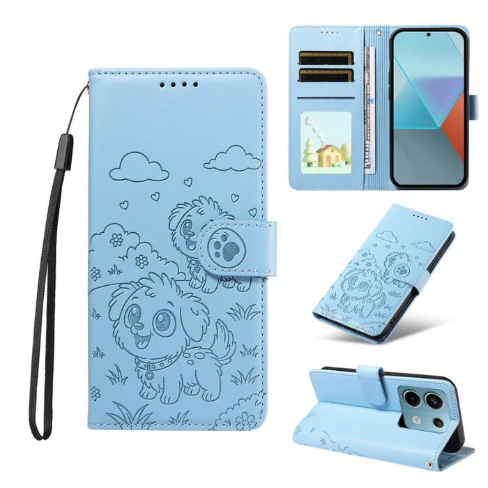 Funda de cuero para teléfono con bloqueo RFID y diseño de perro y corazón en relieve, For Redmi Note 14 4G 164.84mm, For Redmi Note 14 Pro+ 5G / 14 Pro 4G, For Redmi Turbo 4 5G / Poco X7 Pro 5G, For Redmi Note 14 5G / Poco M7 Pro 5G                    ...