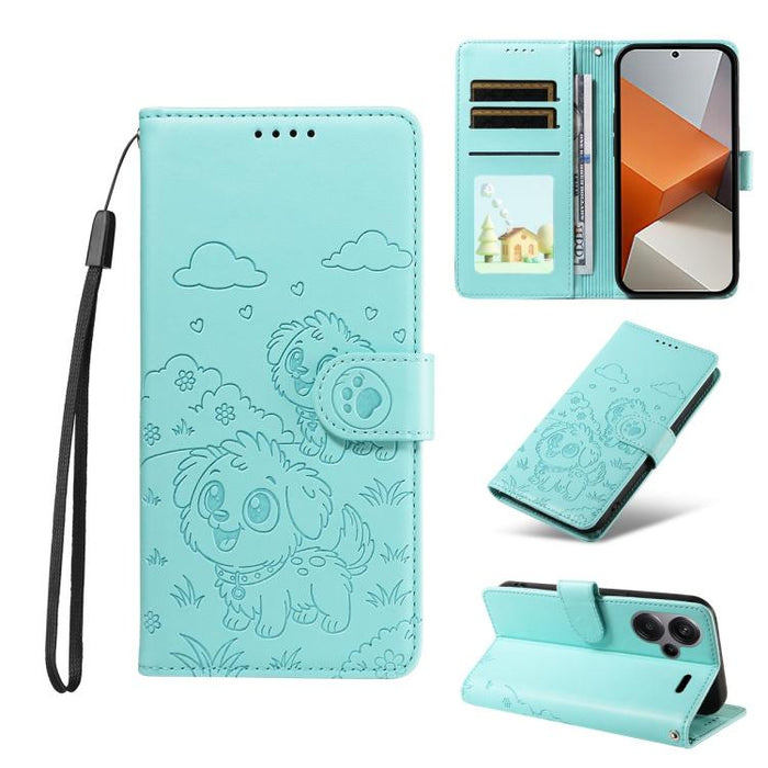 Funda de cuero para teléfono con bloqueo RFID y diseño de perro y corazón en relieve, For Redmi Note 14 4G 164.84mm, For Redmi Note 14 Pro+ 5G / 14 Pro 4G, For Redmi Turbo 4 5G / Poco X7 Pro 5G, For Redmi Note 14 5G / Poco M7 Pro 5G                    ...