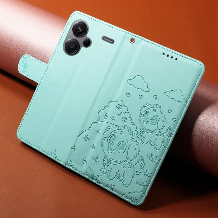 Funda de cuero para teléfono con bloqueo RFID y diseño de perro y corazón en relieve, For Redmi Note 13 Pro+ 5G, For Redmi 12 4G / 5G / Note 12R, For Redmi Note 12 Turbo / Poco F5, For Redmi 11A 4G / Poco C55, For Redmi 10C / 10 Power