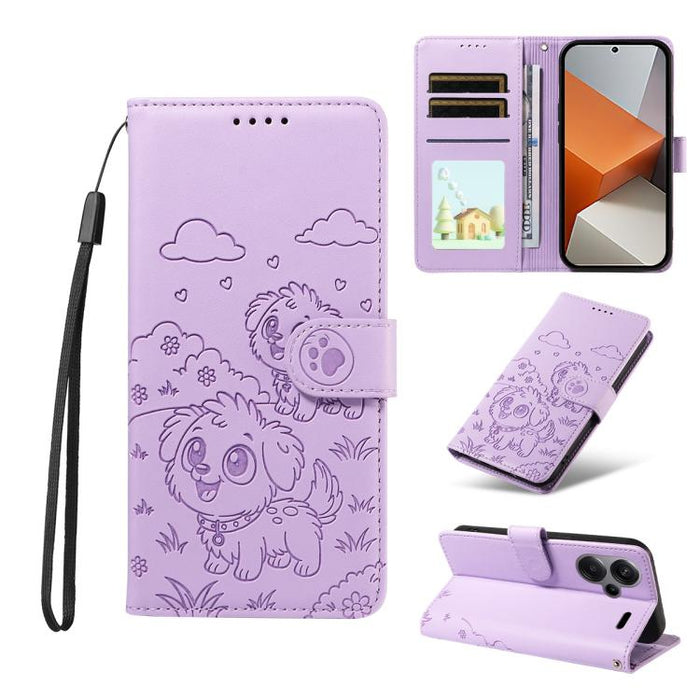 Funda de cuero para teléfono con bloqueo RFID y diseño de perro y corazón en relieve, For Redmi Note 14 4G 164.84mm, For Redmi Note 14 Pro+ 5G / 14 Pro 4G, For Redmi Turbo 4 5G / Poco X7 Pro 5G, For Redmi Note 14 5G / Poco M7 Pro 5G                    ...