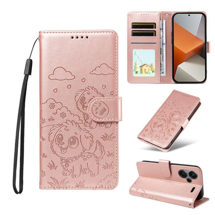 Funda de cuero para teléfono con bloqueo RFID y diseño de perro y corazón en relieve, For Redmi Note 14 4G 164.84mm, For Redmi Note 14 Pro+ 5G / 14 Pro 4G, For Redmi Turbo 4 5G / Poco X7 Pro 5G, For Redmi Note 14 5G / Poco M7 Pro 5G                    ...