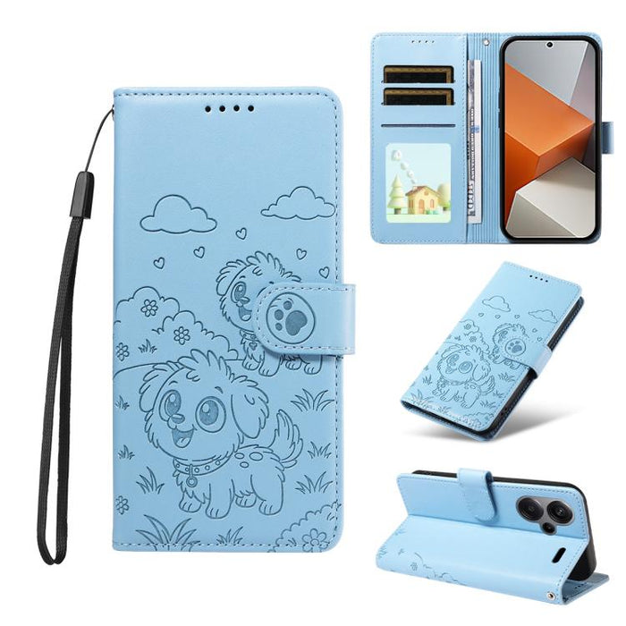 Funda de cuero para teléfono con bloqueo RFID y diseño de perro y corazón en relieve, For Redmi Note 14 4G 164.84mm, For Redmi Note 14 Pro+ 5G / 14 Pro 4G, For Redmi Turbo 4 5G / Poco X7 Pro 5G, For Redmi Note 14 5G / Poco M7 Pro 5G                    ...