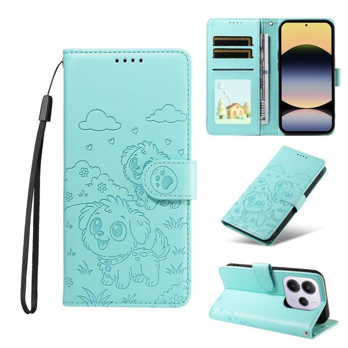 Funda de cuero para teléfono con bloqueo RFID y diseño de perro y corazón en relieve, For Redmi Note 14 4G 164.84mm, For Redmi Note 14 Pro+ 5G / 14 Pro 4G, For Redmi Turbo 4 5G / Poco X7 Pro 5G, For Redmi Note 14 5G / Poco M7 Pro 5G                    ...