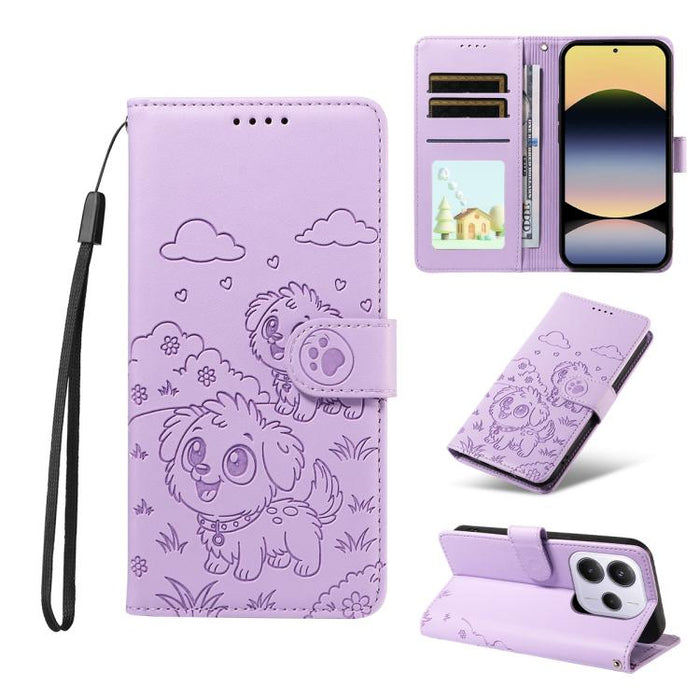 Funda de cuero para teléfono con bloqueo RFID y diseño de perro y corazón en relieve, For Redmi Note 14 4G 164.84mm, For Redmi Note 14 Pro+ 5G / 14 Pro 4G, For Redmi Turbo 4 5G / Poco X7 Pro 5G, For Redmi Note 14 5G / Poco M7 Pro 5G                    ...