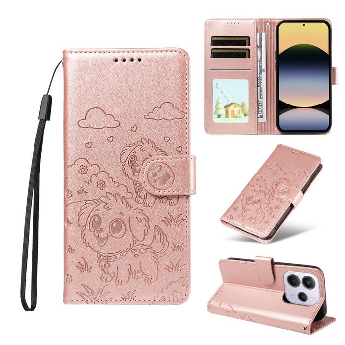 Funda de cuero para teléfono con bloqueo RFID y diseño de perro y corazón en relieve, For Redmi Note 14 4G 164.84mm, For Redmi Note 14 Pro+ 5G / 14 Pro 4G, For Redmi Turbo 4 5G / Poco X7 Pro 5G, For Redmi Note 14 5G / Poco M7 Pro 5G                    ...