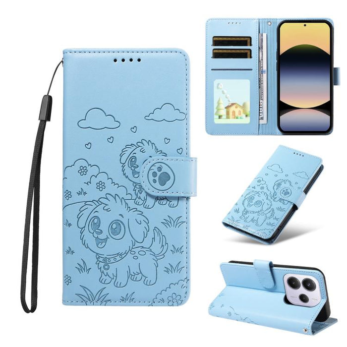 Funda de cuero para teléfono con bloqueo RFID y diseño de perro y corazón en relieve, For Redmi Note 14 4G 164.84mm, For Redmi Note 14 Pro+ 5G / 14 Pro 4G, For Redmi Turbo 4 5G / Poco X7 Pro 5G, For Redmi Note 14 5G / Poco M7 Pro 5G                    ...