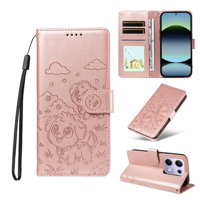 Funda de cuero para teléfono con bloqueo RFID y diseño de perro y corazón en relieve, For Redmi Note 14 4G 164.84mm, For Redmi Note 14 Pro+ 5G / 14 Pro 4G, For Redmi Turbo 4 5G / Poco X7 Pro 5G, For Redmi Note 14 5G / Poco M7 Pro 5G                    ...