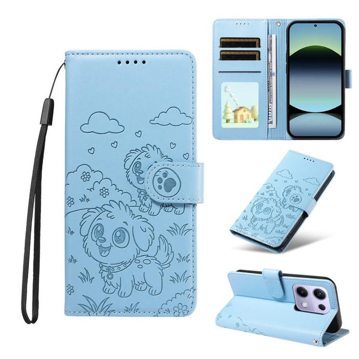 Funda de cuero para teléfono con bloqueo RFID y diseño de perro y corazón en relieve, For Redmi Note 14 4G 164.84mm, For Redmi Note 14 Pro+ 5G / 14 Pro 4G, For Redmi Turbo 4 5G / Poco X7 Pro 5G, For Redmi Note 14 5G / Poco M7 Pro 5G                    ...