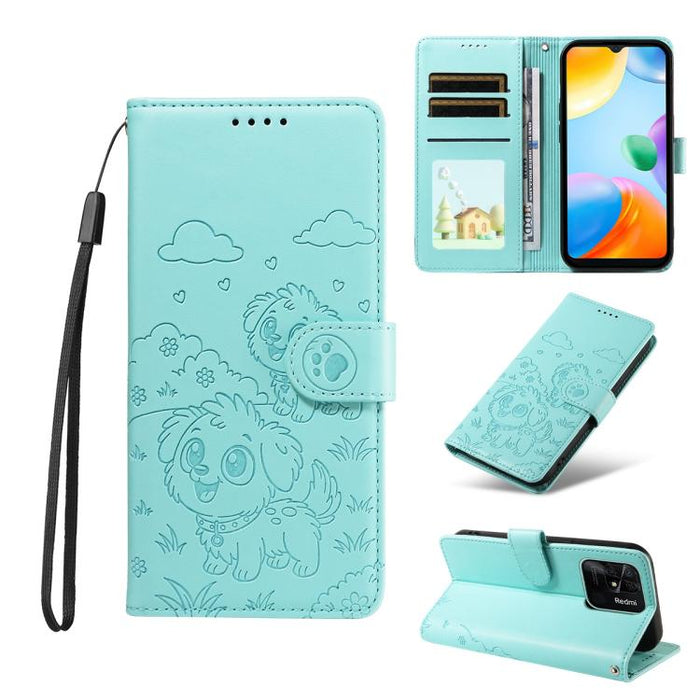 Funda de cuero para teléfono con bloqueo RFID y diseño de perro y corazón en relieve, For Redmi Note 12 Turbo / Poco F5, For Redmi 11A 4G / Poco C55, For Redmi 10C / 10 Power