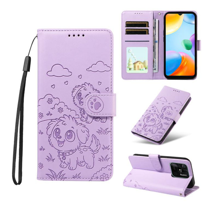 Funda de cuero para teléfono con bloqueo RFID y diseño de perro y corazón en relieve, For Redmi Note 12 Turbo / Poco F5, For Redmi 11A 4G / Poco C55, For Redmi 10C / 10 Power