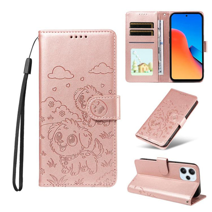 Funda de cuero para teléfono con bloqueo RFID y diseño de perro y corazón en relieve, For Redmi Note 12 Turbo / Poco F5, For Redmi 11A 4G / Poco C55, For Redmi 10C / 10 Power