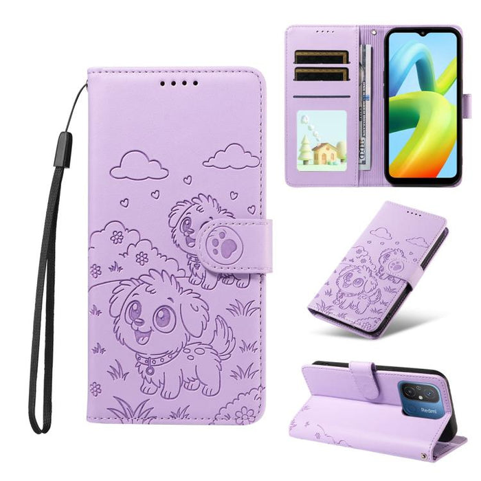 Funda de cuero para teléfono con bloqueo RFID y diseño de perro y corazón en relieve, For Redmi Note 12 Turbo / Poco F5, For Redmi 11A 4G / Poco C55, For Redmi 10C / 10 Power
