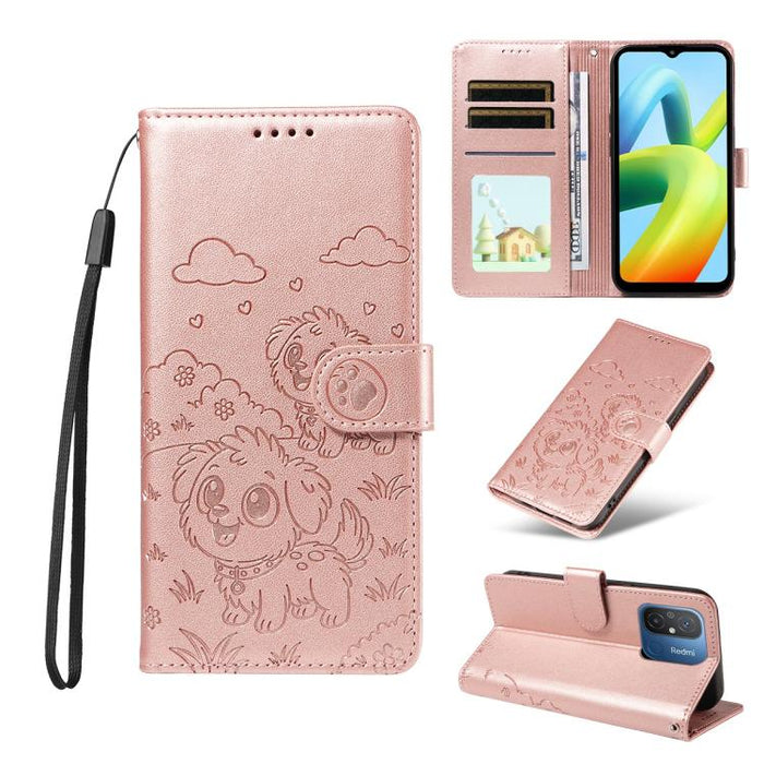 Funda de cuero para teléfono con bloqueo RFID y diseño de perro y corazón en relieve, For Redmi Note 12 Turbo / Poco F5, For Redmi 11A 4G / Poco C55, For Redmi 10C / 10 Power